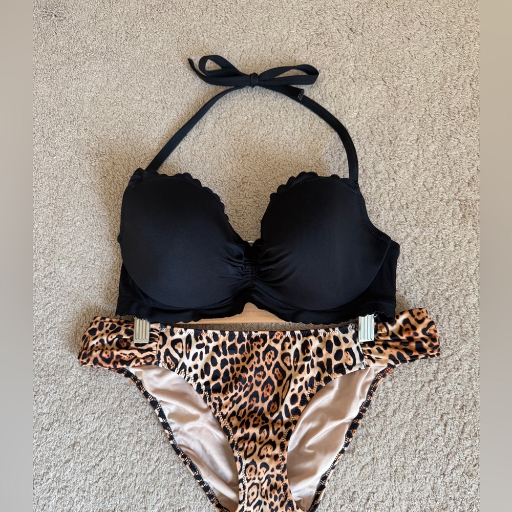 Victoria’s Secret Black and Leopard Print Bikini Set. New!